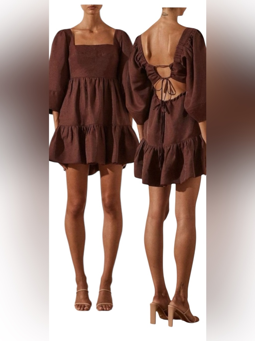Shona Joy Marlene Linen Mini Dress Chocolate Brown Puff Sleeve Open Tie Back 12